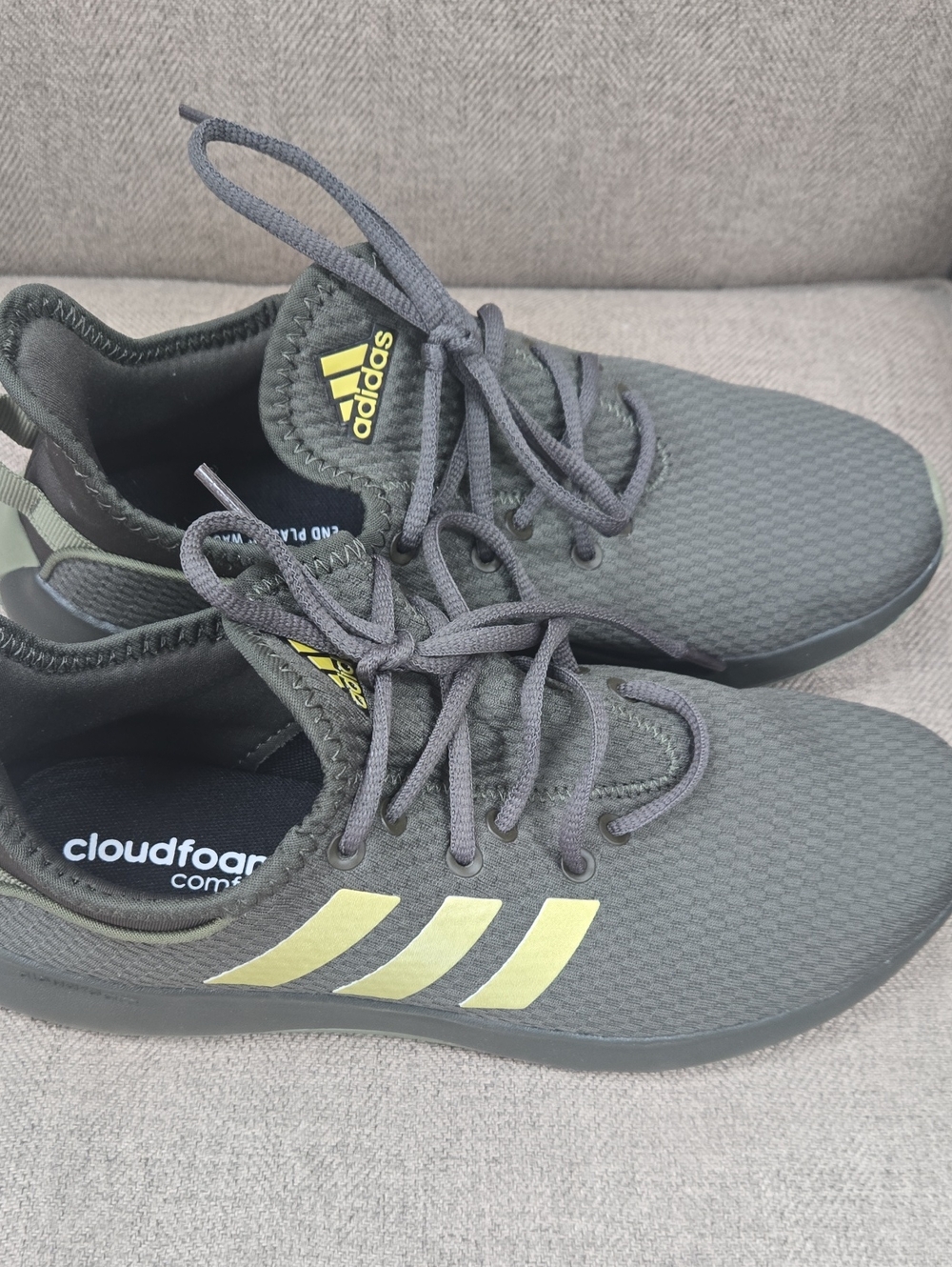adidas Kids Olive Lightweight Sneakers with Yellow Stripes
